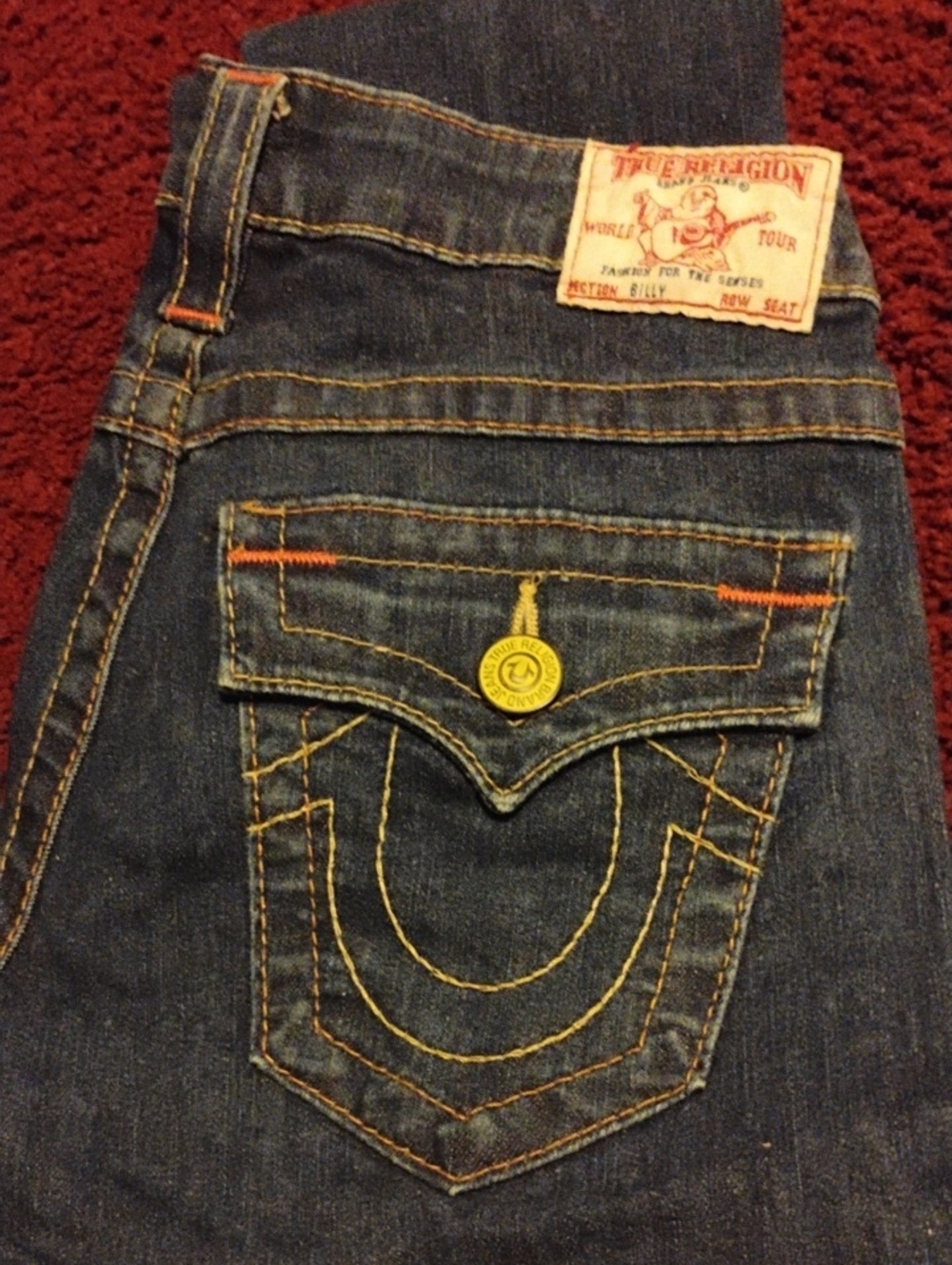 True Religion Women's Slim Straight Dark Blue Jeans with Yellow Stitching